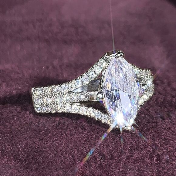 3Ct Marquise-Cut White Sapphire Halo Ring – Split Shank, 14K White Gold Plated - Picture 12 of 15